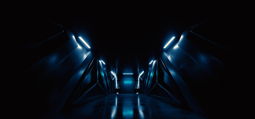Canvas Print - Sci Fi Neon Glowing Blue Alien Spaceship Corridor Tunnel Underground Cement Concrete Metal Glossy Realistic Cyber Background Showroom Parking Triangle Doors Hangar 3D Rendering