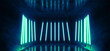 Neon Sci Fi Futuristic Neon Fluorescent Tube Lights Glowing Cyber Tunnel Corridor Grunge Glossy Concrete Cement Room Studio Showcase Laser Electric Dark Background 3D Rendering