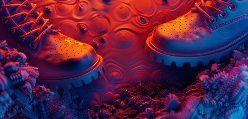 Blue and purple boots with a wavy reflection on a watery surface.