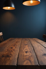 Wooden table or countertop with dark stone wall background. a Grunge coffee shop or a bar background. Perfect for product display with copy space.