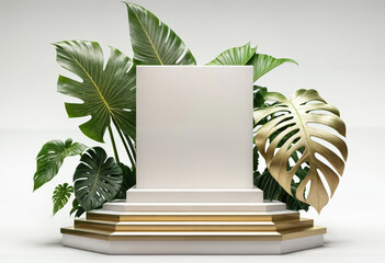 Poster -  white podium with monstera leaves on white background