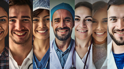 Wall Mural - A collage of smiling faces, young and old, representing a healthy global population, World Health Day, doctor, hospital, with copy space