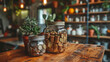 Jars of coins on a wooden table in a coffee shop, with plant decorations and shelves behind