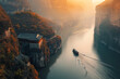 A ship sailing on the river in a canyon in china during the sunrise