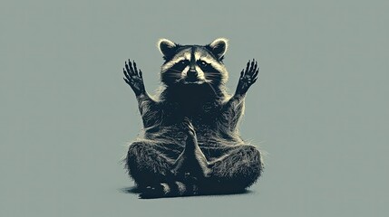 raccoon in zen pose. grey isolated background. Generative AI