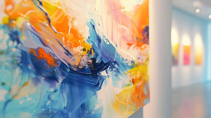 An abstract painting with soothing colors and shapes, hanging on a wall, representing the therapeutic power of art, blurred background, with copy space