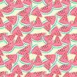 Hand drawn seamless summer pattern with pastel chalk ripe red appetizing many watermelon slices on yellow background.Print cards invitations fabric