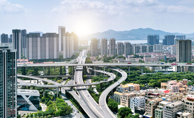 Canvas Print - Aerial of city overpasses and buildings