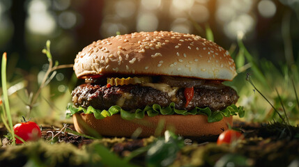 Wall Mural - Classic American Double Burger Amidst Greenery, Sunlit Outdoor Bokeh Effect