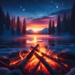 An enchanting evening scene of a warm campfire set by a serene frozen lake as dusk settles in with starry skies.. AI Generation