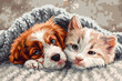 Adorable puppy and kitten cuddling together on soft blanket, friendship concept
