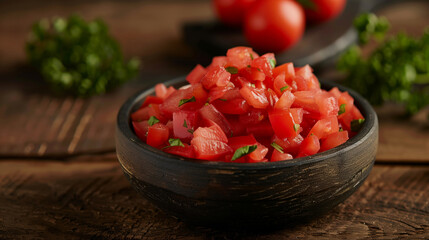 A bowl of red tomatoes and parsley. Raw Organic Diced Canned Tomatoes