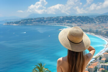 Woman standing on a hill looking at the ocean from above