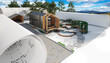 Bauplanung eines energieeffizienten Einfamilienhauses in moderner Scheunen-Architektur und Gartengestaltung (Landschaft im Hintergrund) - 3D Visualisierung