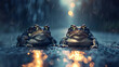 Toad migration. Two toads on a country road in rainy night