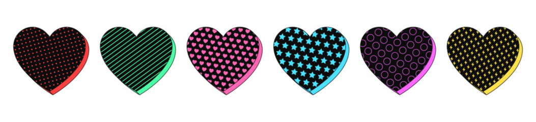 Poster - Isolated retro black heart icon set, vector stickers. Heart shape, love, romantic dating, fondness, passion feeling. Textured 3d heart set, retro design elements and signs for party and pop culture