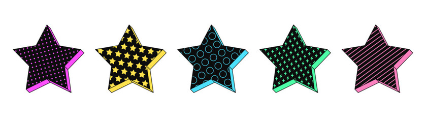 Poster - Isolated retro black star icon set, vector stickers. Superstar and celebrity, popularity, famous legend, award. Textured 3d star set, retro design elements and signs for party and pop culture