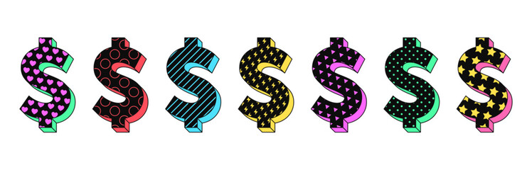 Poster - Isolated retro black dollar icon set, vector stickers. Money, currency symbol, cash sign, finance, banking business, investment. Textured 3d dollar set, retro design elements for ads and pop culture