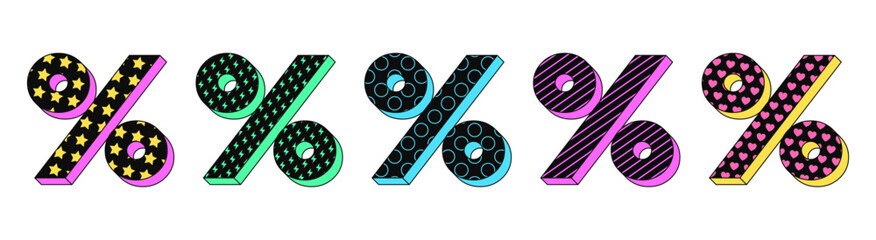 Poster - Isolated retro black percentage icon set, vector stickers. Percent tag, hot sale, special discount, benefit price offer. Textured 3d percentage set, retro design elements for ads and pop culture