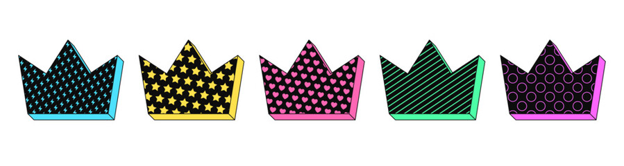 Poster - Isolated retro black crown icon set, vector stickers. Royal hat, king or queen crown, premium luxury, kingdom and empire. Textured 3d crown set, retro design elements for party and pop culture