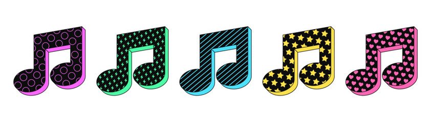 Poster - Isolated retro black music note icon set, vector stickers. Melody, musical show, music festival, disco party, karaoke. Textured 3d music note set, retro design elements for party and pop culture