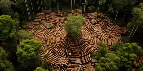 Wall Mural - Pile of tree trunks accumulated from forest tree felling, showcasing the impact of logging activities.