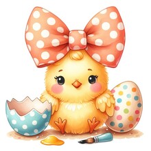 A Cute Cartoon Baby Chicken Wearing A Pink Polka Dot Bow Is Sitting Next To A Broken Blue Egg And Painting An Easter Egg.