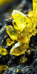 Poster - Crystallized sulfur on rock, close up, vibrant yellow, toxic fumes 