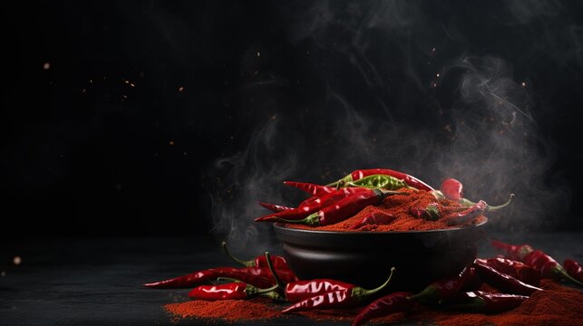 Roasted red hot chili with smoke in the dark room. Asian ingredients concept.
