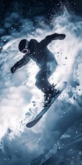 Canvas Print - Snowboarder jumping, close up, low angle, backlight, snow dust