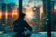 Businessman working analyzing with financial data on office desk with cityscape background at night