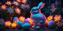 Beautiful Rabbit With Silver Coat Sitting With Eggs In The Garden Full Of Flowers Representing Easter With Glow Effect .