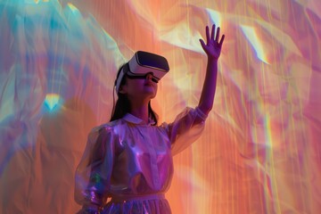 Poster - A vibrant depiction of a woman exploring a virtual reality world, with a colorful abstract background