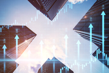 Aufkleber - Abstract growing blue vertical arrows and candlestick forex chart on blurry city index grid background. Economic growth and increase concept. Double exposure.