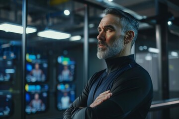 Poster - A confident businessman stands with crossed arms, displaying determination in front of futuristic digital stock market screens