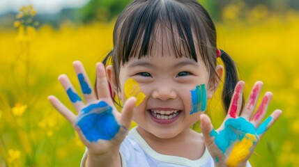 Cute asian little child girl with painted hands smiling with fun and happiness on yellow nature background