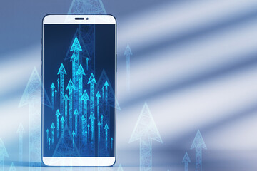 Poster - Close up of smartphone with abstract growing arrows on concrete wall background with shadows and mock up place. Success, progress and result concept. 3D Rendering.