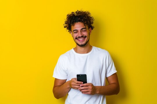 A portrait of a young man with curly hair smiling at his phone against a bright yellow background