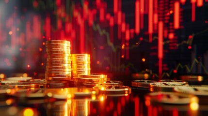 Poster - Gold bullion on pile gold coins at trading chart background