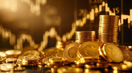 Poster - Gold bullion on pile gold coins at trading chart background