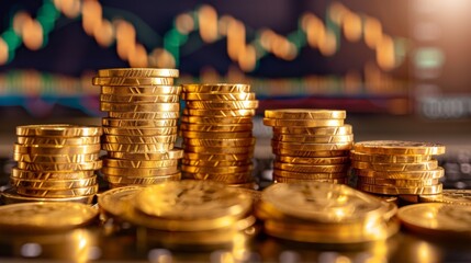 Poster - Gold bullion on pile gold coins at trading chart background