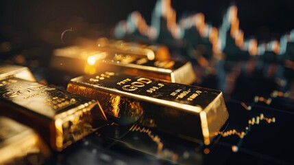 Poster - Gold ingots over black background with a financial chart.