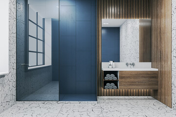 Wall Mural - Modern wooden and marble tile bathroom interior with mirror. 3D Rendering.