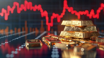 Poster - stack of shiny gold bars on down trend financial gold price graph ,concept of economy crash and financial crisis, 3d illustration