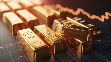 Poster - stack of shiny gold bars on down trend financial gold price graph ,concept of economy crash and financial crisis, 3d illustration