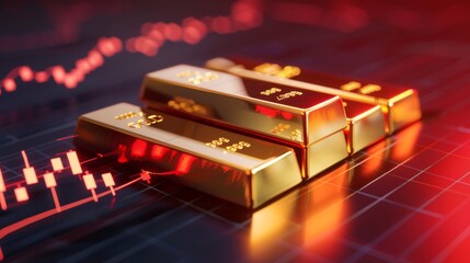 Poster - stack of shiny gold bars on down trend financial gold price graph ,concept of economy crash and financial crisis, 3d illustration