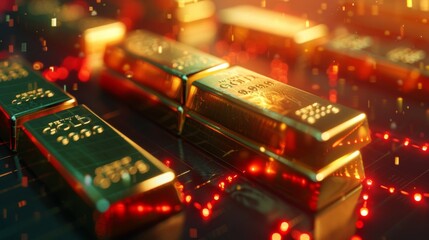 Poster - stack of shiny gold bars on down trend financial gold price graph ,concept of economy crash and financial crisis, 3d illustration