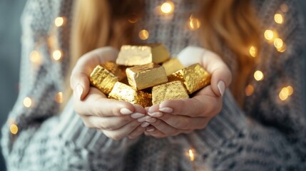 Poster - Woman holding gold bars against grey textured background, closeup