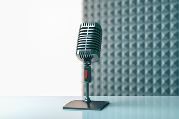 Poster - Abstract image with mic and mock up place on gray background. Podcast ad and voiceover concept. 3D Rendering.