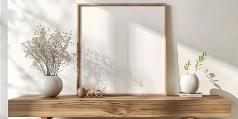 Wall Mural - Mock up frame in home interior background, white room with natural wooden furniture, 3d render, 3d illustration 